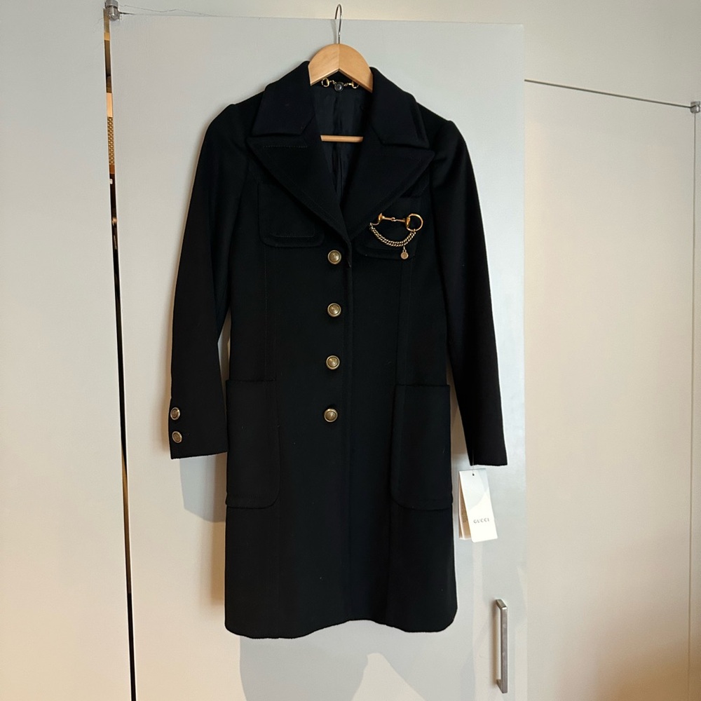 Gucci Black Coat with Gold Buttons + Horsebit Brooch